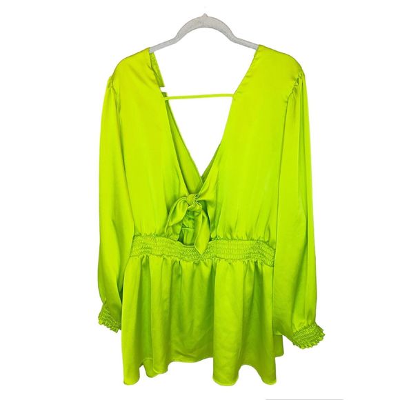 Torrid Satin Surplice Tie Cut Out Back Long Sleeve Blouse 4XL Chartreuse Yellow - Picture 6 of 8